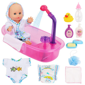 deAO baby doll bath tub with detachable shower spray for realistic bath play.