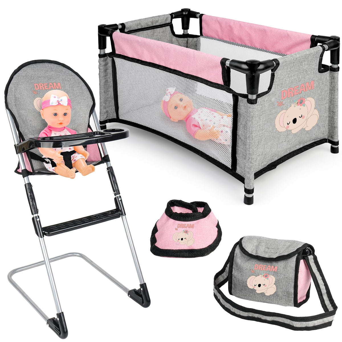 deAO baby doll high chair provides sturdy seating during meals and role-play