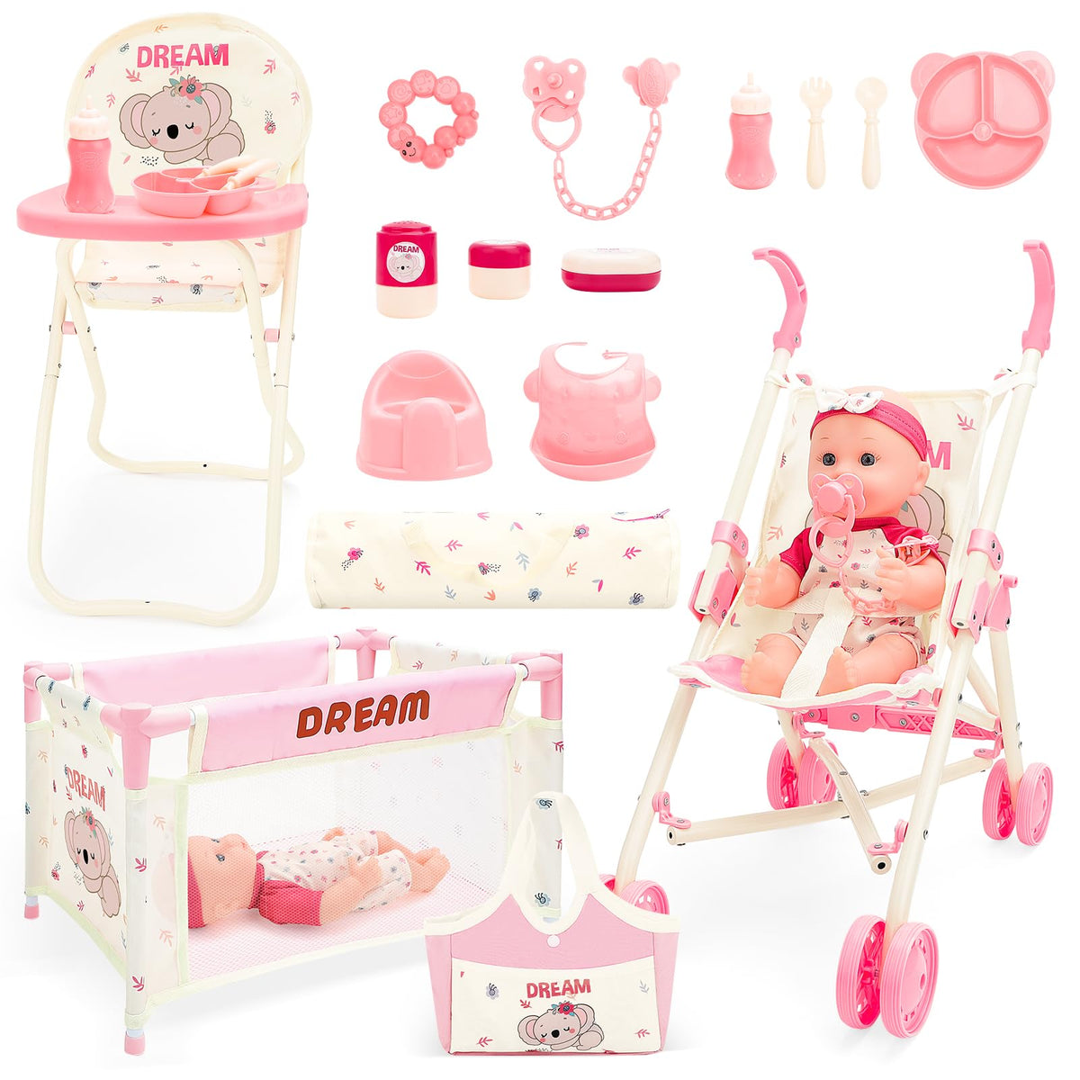 deAO baby doll stroller assembly shows easy snap-together setup for quick pretend play