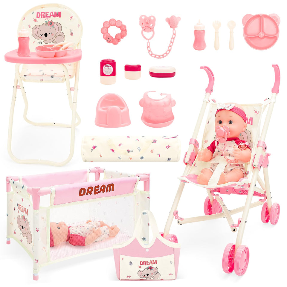 deAO baby doll stroller assembly shows easy snap-together setup for quick pretend play