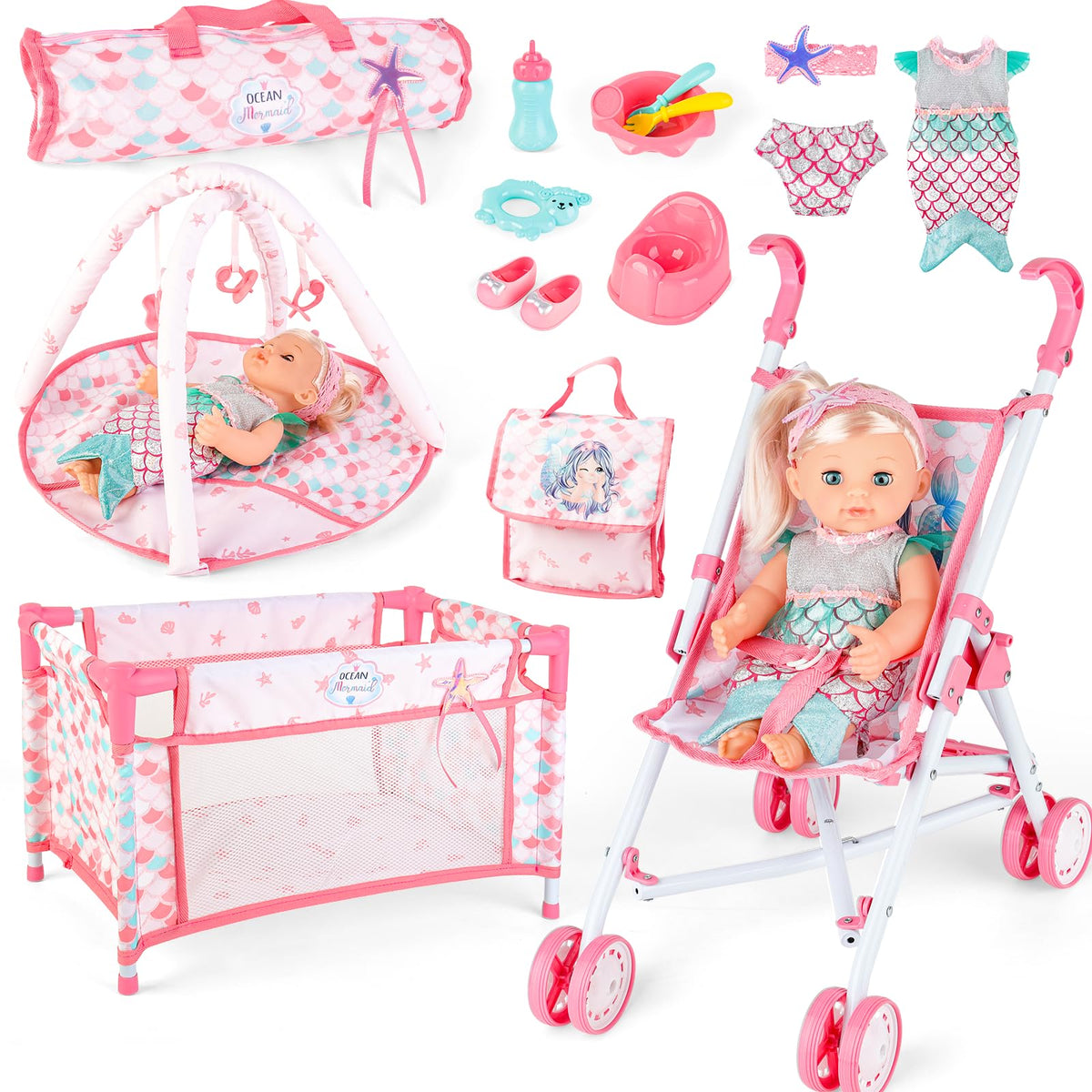 deAO baby doll stroller foldable with smooth wheels for imaginative play on the go.