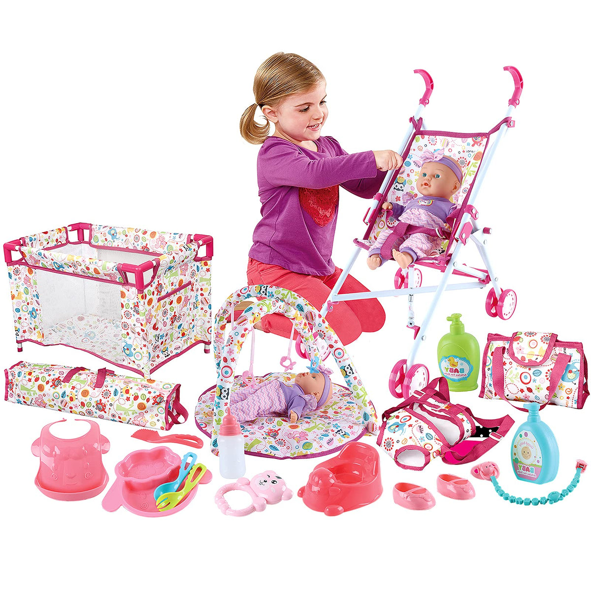deAO baby doll stroller set enhances imaginative play and nurturing skills.