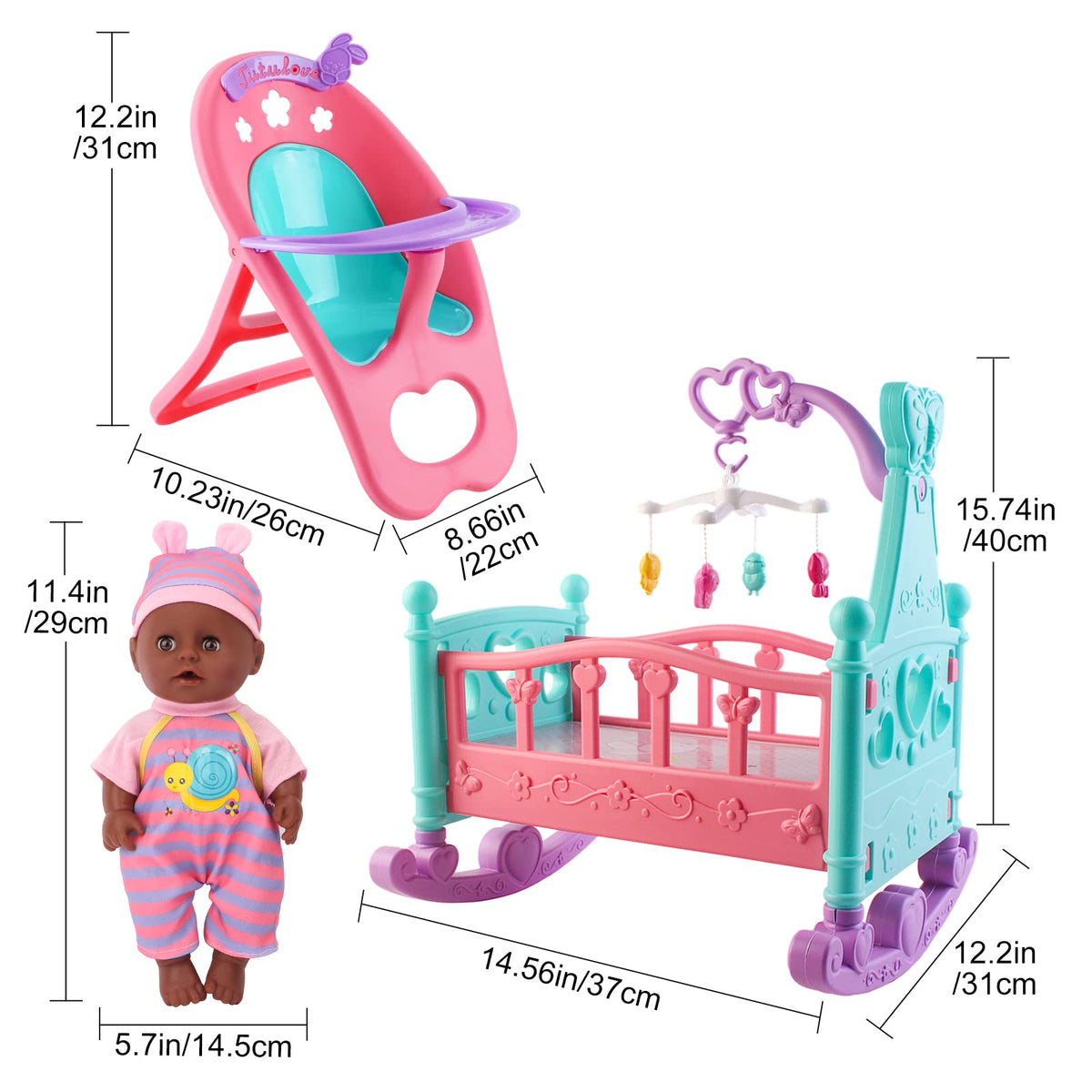 deAO Black Baby Doll Set cups and sweets to encourage sharing during pretend meals