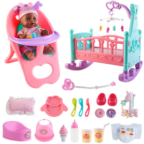 deAO Black Baby Doll Set with doll and crib for nurturing pretend play