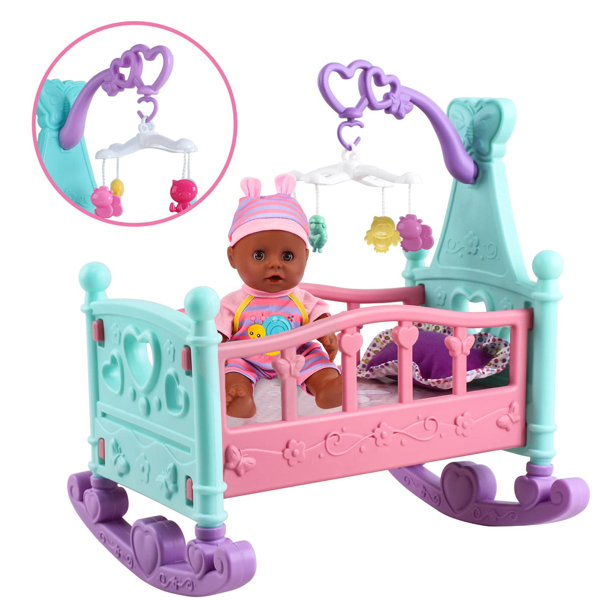 deAO Black Baby Doll Set high chair and pillow scene for caregiving play