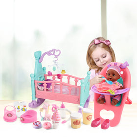 deAO Black Baby Doll Set tiny shoes and bib supporting dressing routines