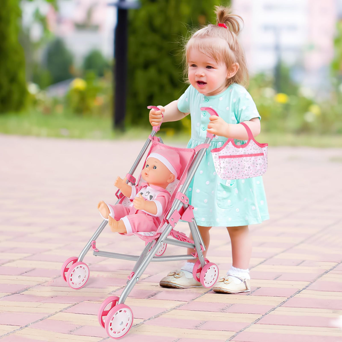 DeAO doll accessories travel bag stores extras for on the go pretend play.