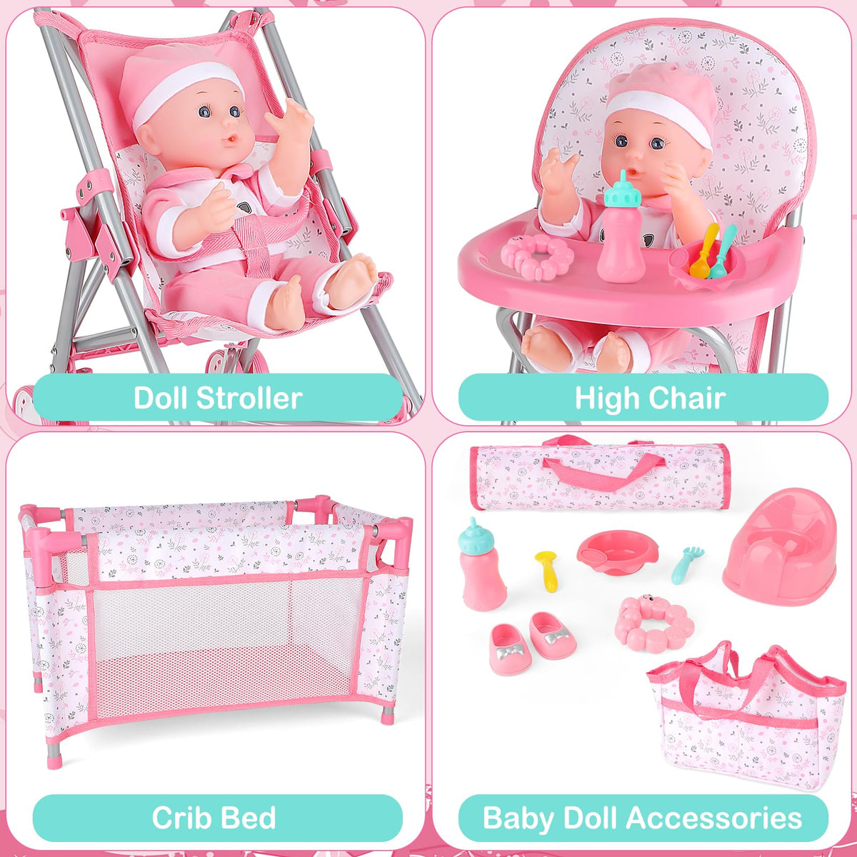 DeAO doll bed helps kids imagine bedtime routines and comforting doll care.