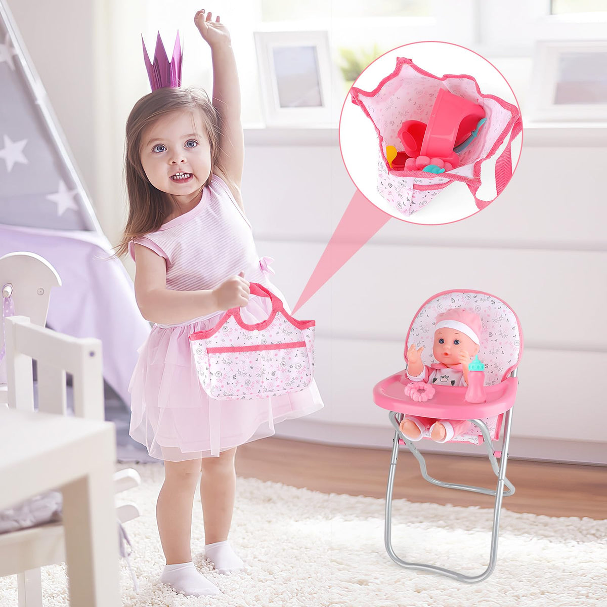 DeAO high chair doll helps little caregivers imagine feeding time with dolls.