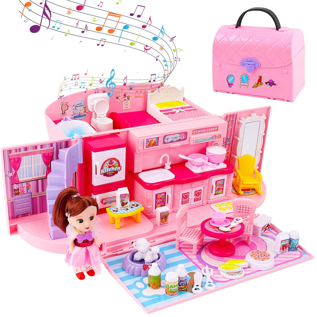 deAO portable pink dollhouse with lights and music for engaging play sessions