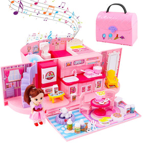deAO portable pink dollhouse with lights and music for engaging play sessions