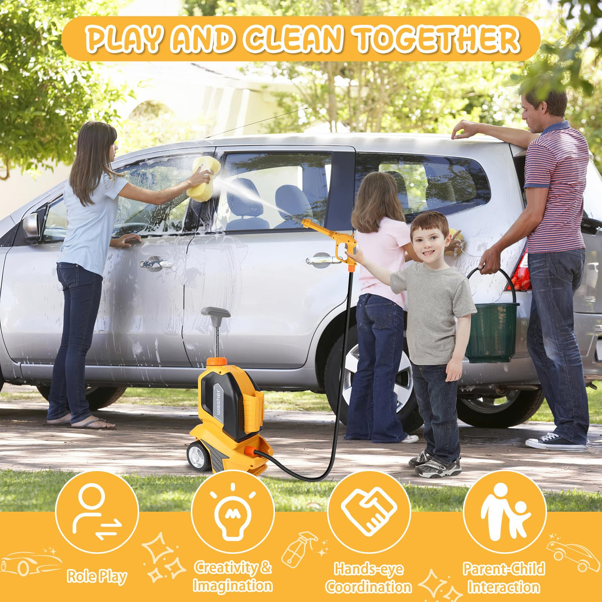 DeAO Kids Clean Car Wash Toy wheels enable easy movement during pretend chores.