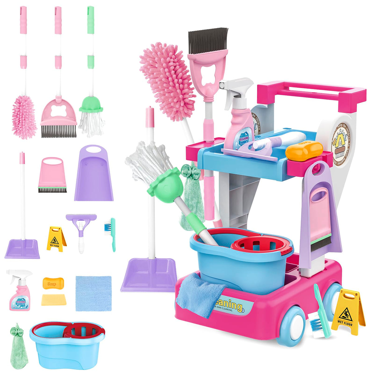 deAO kids cleaning set cart front view for imaginative play and tidy routines