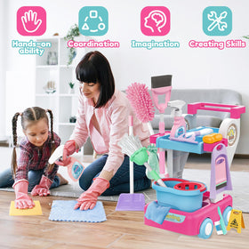deAO cleaning tools drawer open with broom and mop for pretend chores