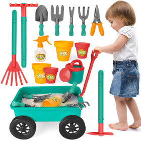 deAO Kids Garden Wagon Wheelbarrow image shows a sturdy outdoor toy for pretend gardening