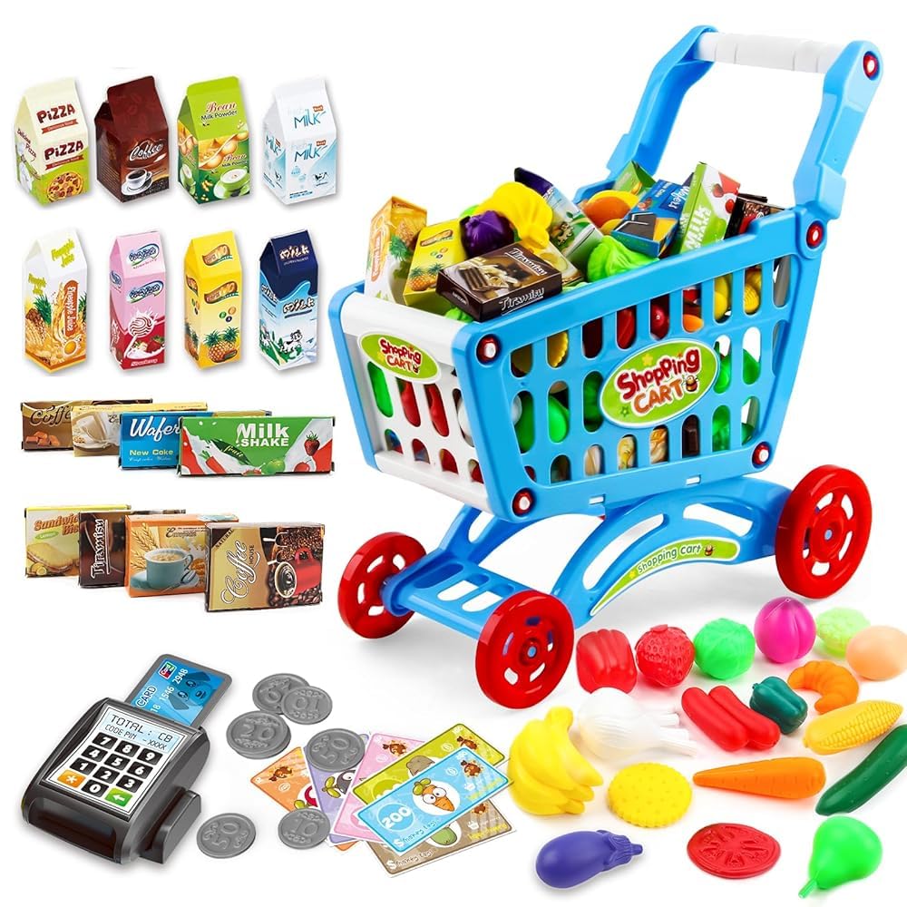 deAO kids shopping cart blue for pretend shopping and social play.