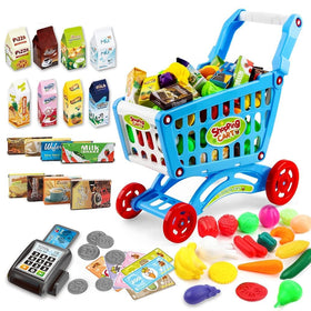 deAO kids shopping cart blue for pretend shopping and social play.
