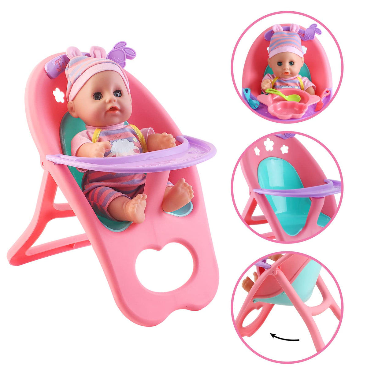 deAO miniature baby high chair focuses feeding pretend play and hand-eye coordination.