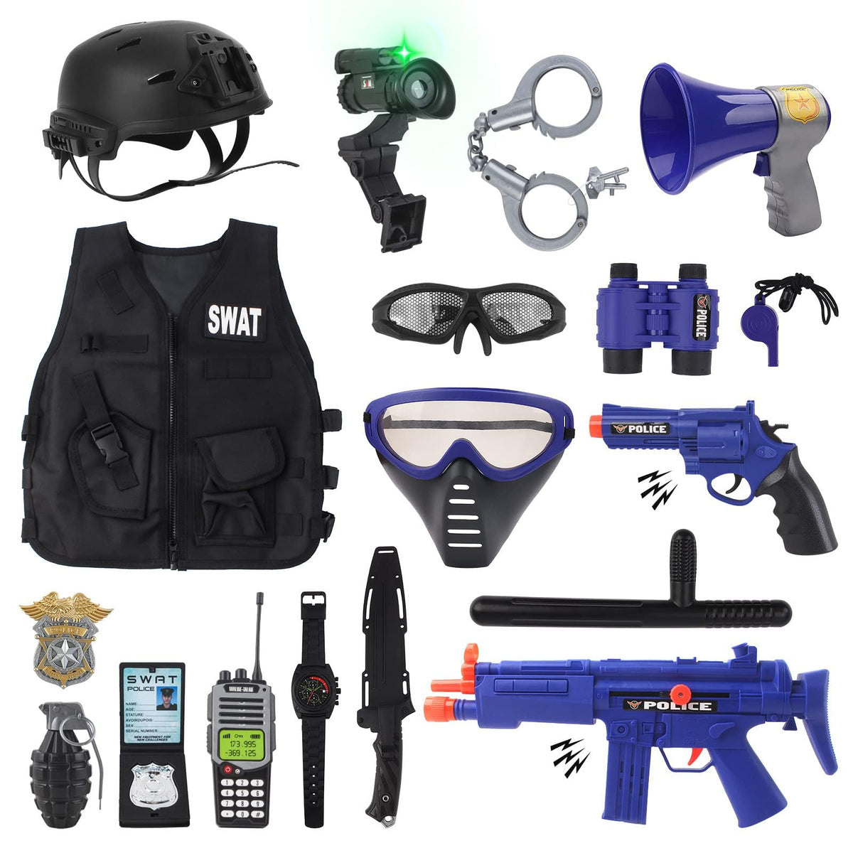 deAO police officer costume helmet with secure strap for safe dress-up play.