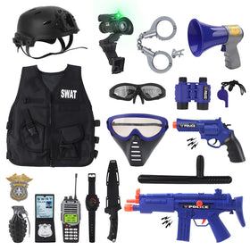 deAO police officer costume helmet with secure strap for safe dress-up play.