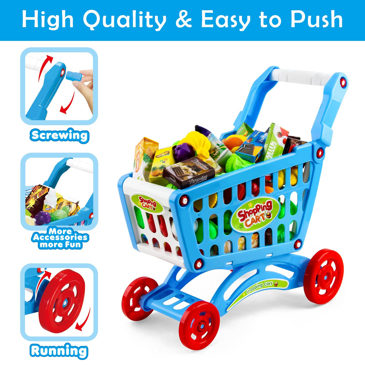 deAO shopping cart contents with fruit and vegetables for imaginative grocery play.