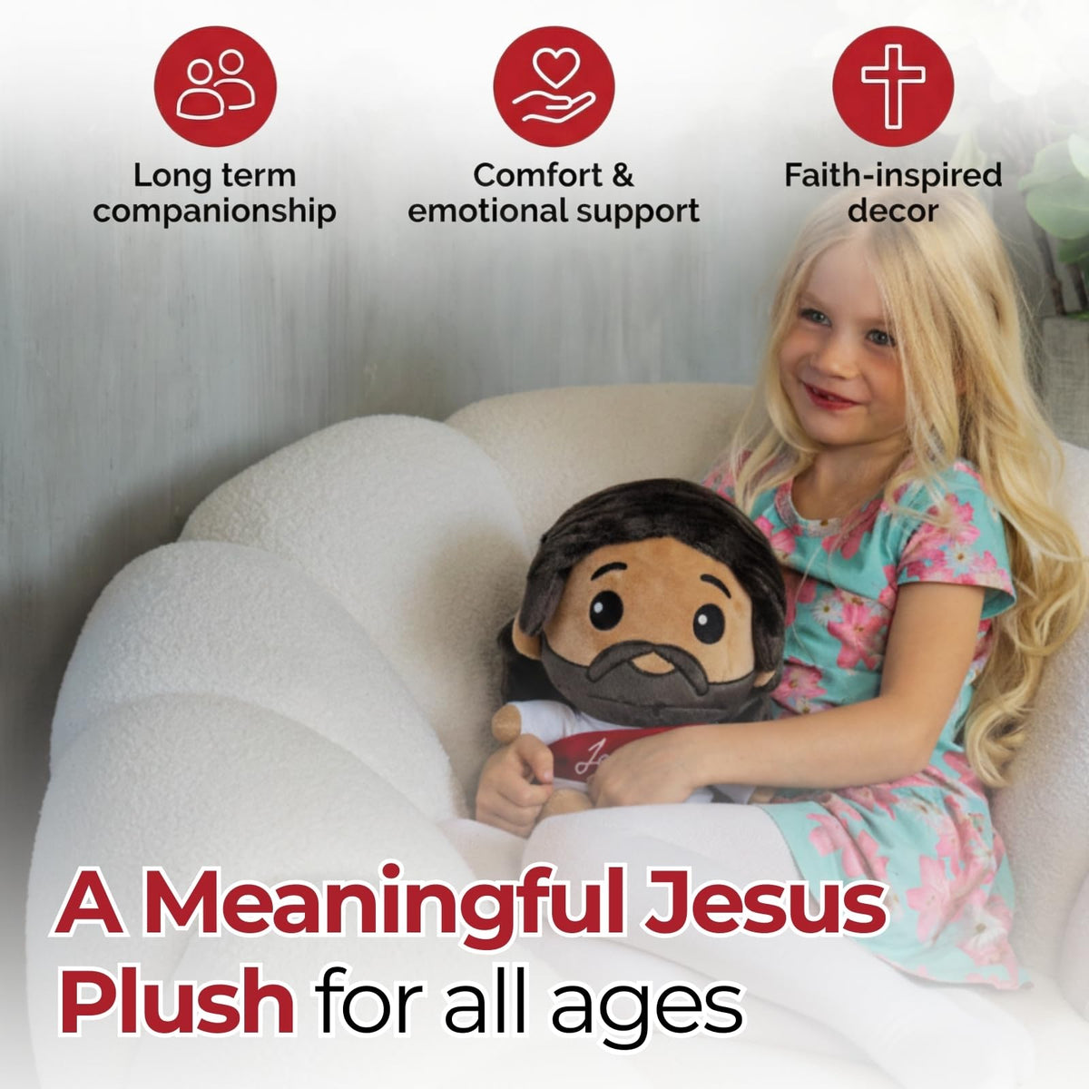 DECCED Jesus Plush Doll embroidered features and soft fabric for comforting moments.