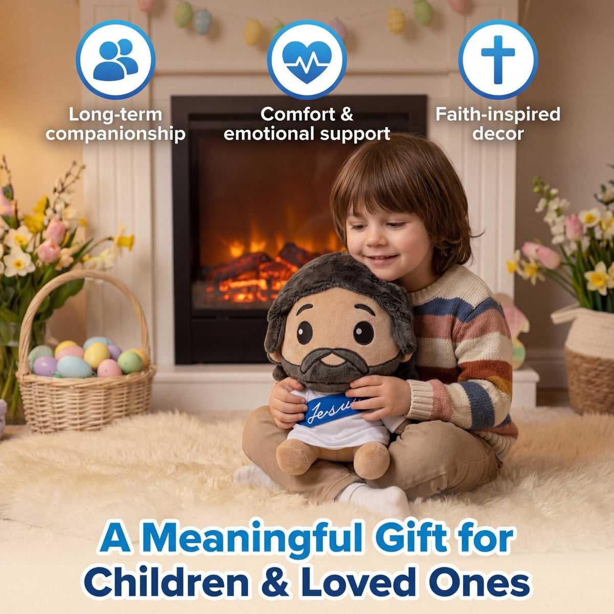 DECCED Jesus plush doll seated design ideal for bed or shelf.