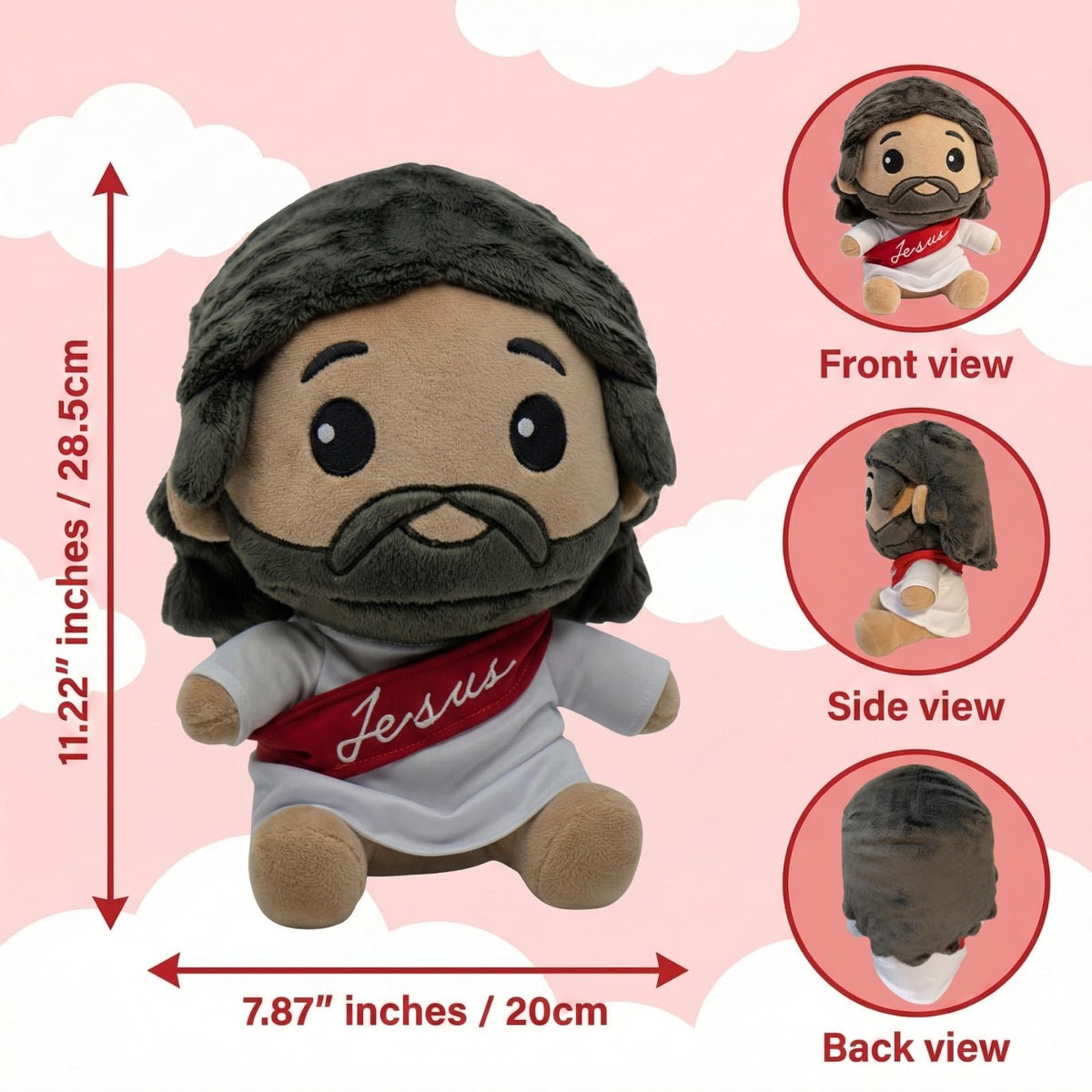 DECCED Jesus Plush Doll seated design fits shelves, bedsides, and prayer corners.