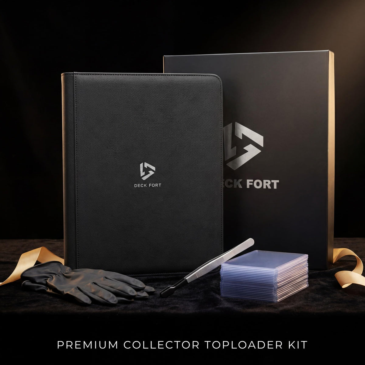 Deck Fort Toploader Binder in black keeps cards protected during storage.