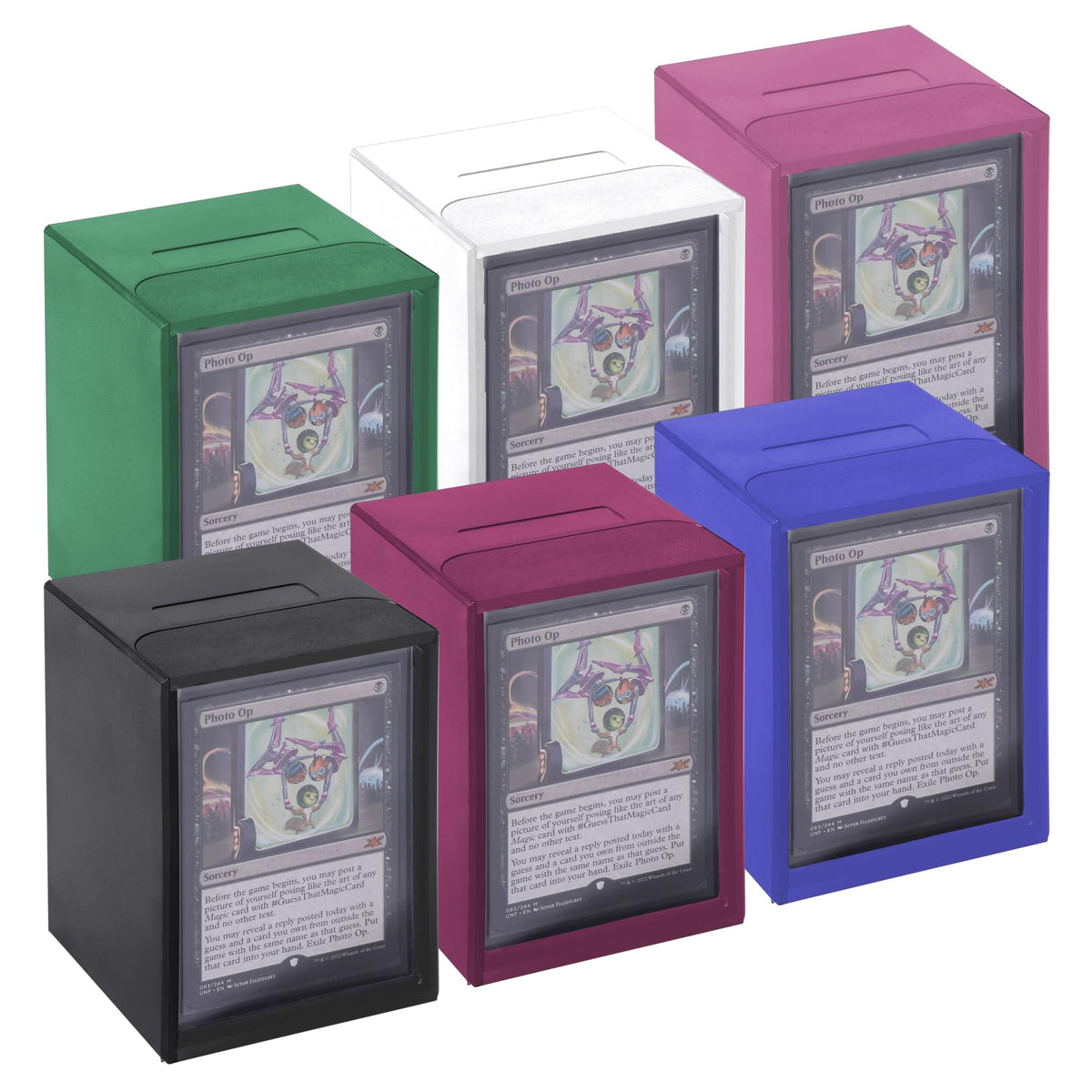 DeckDwell 6-pack magnetic closure deck boxes securely hold Commander cards.
