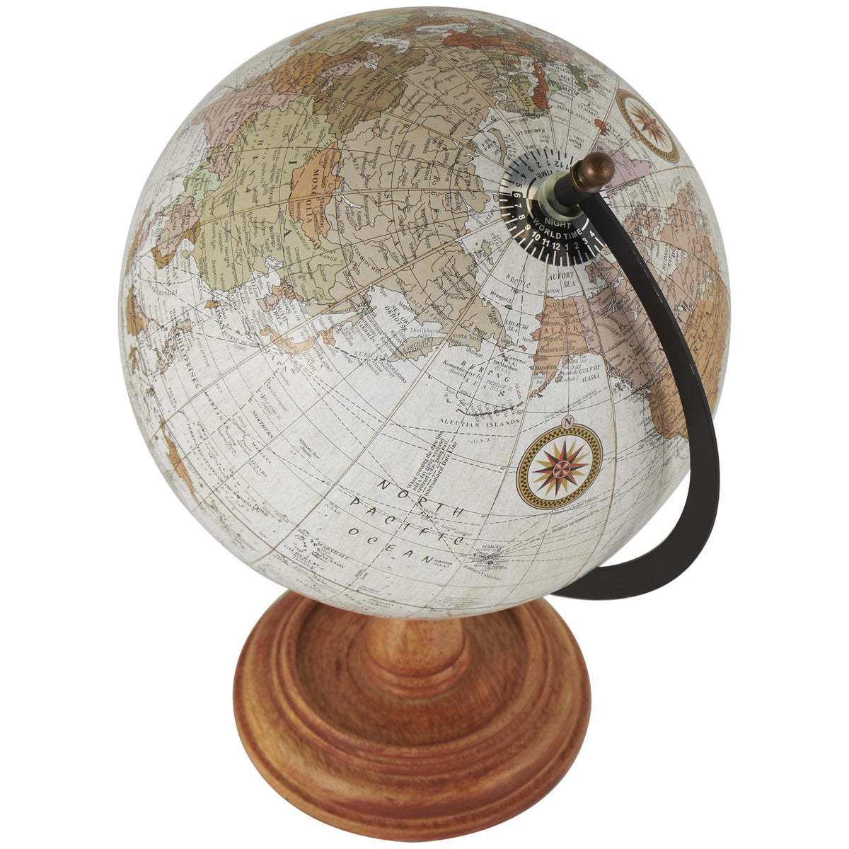 Deco 79 globe stand detail shows turned mango wood and craftsmanship