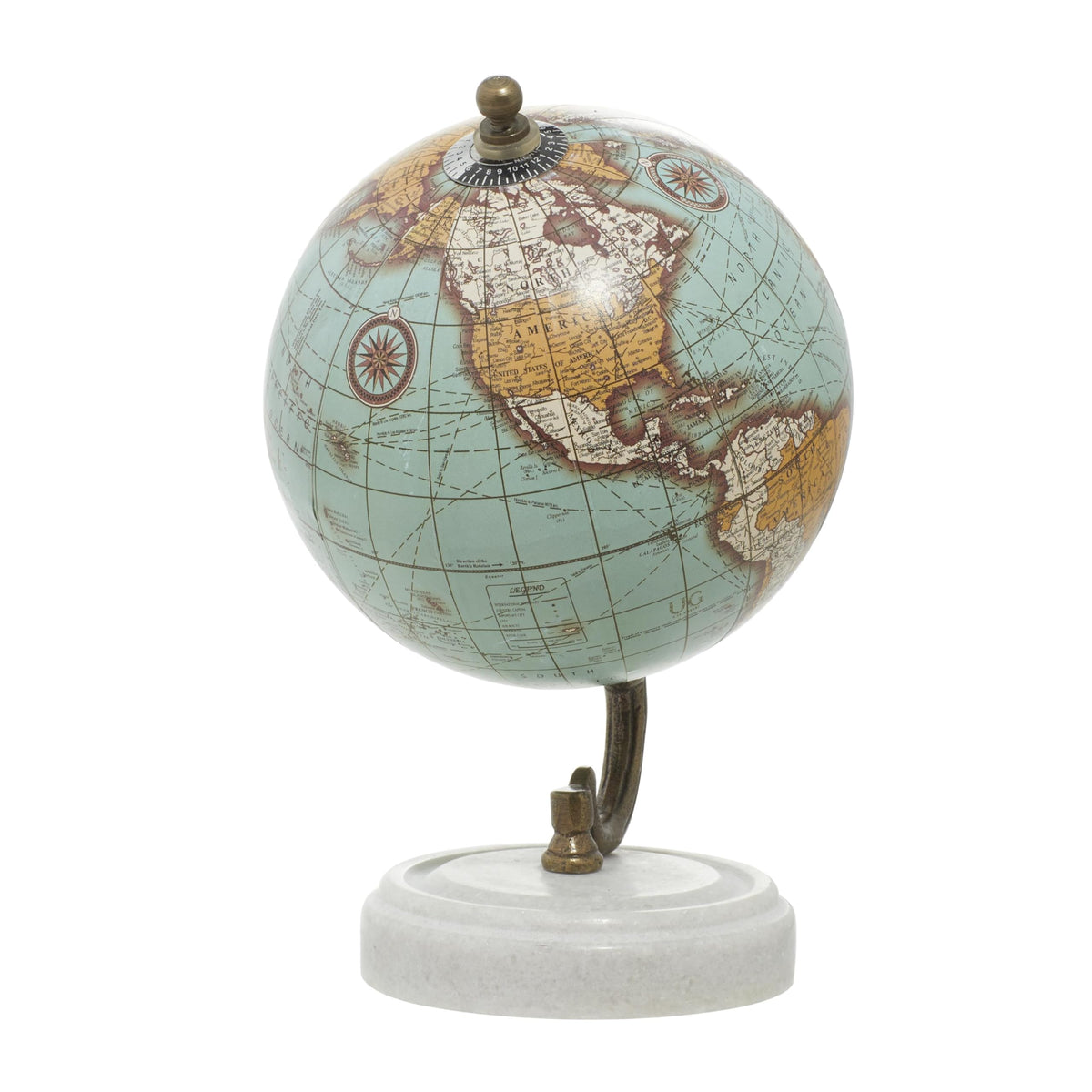 Teal globe with rustic gold stand adds vintage charm to living spaces.