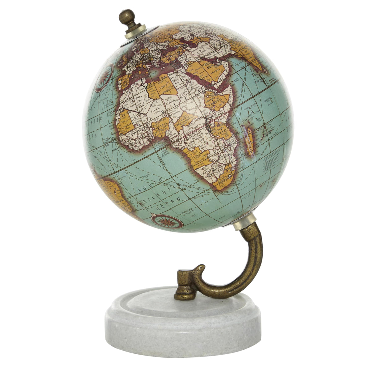 Deco 79 marble globe on teal base creates an elegant focal point.