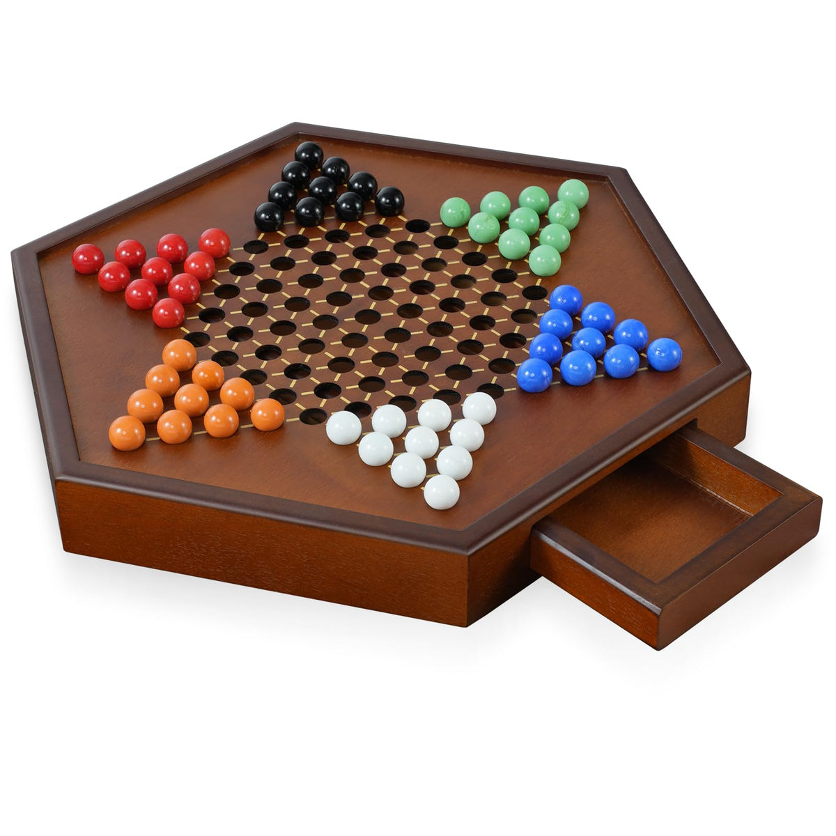 DecoWoodo 15-inch wooden Chinese Checkers board offers a spacious play area for easy moves.