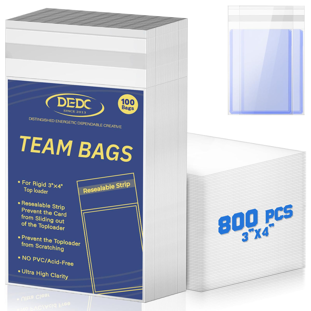 DEDC 800 Pcs Card Sleeves pack shows 3x4 size for secure storage and easy organization
