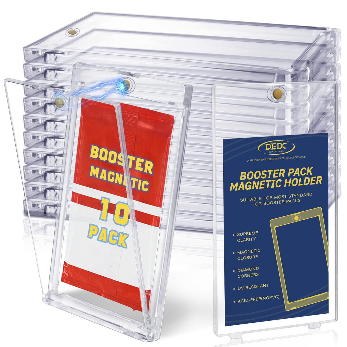 DEDC Booster Pack Protector UV Magnetic Case secures standard packs for display.