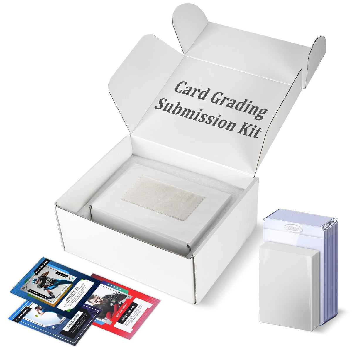 DEDC card grading submission kit box shows organized inserts for safe delivery