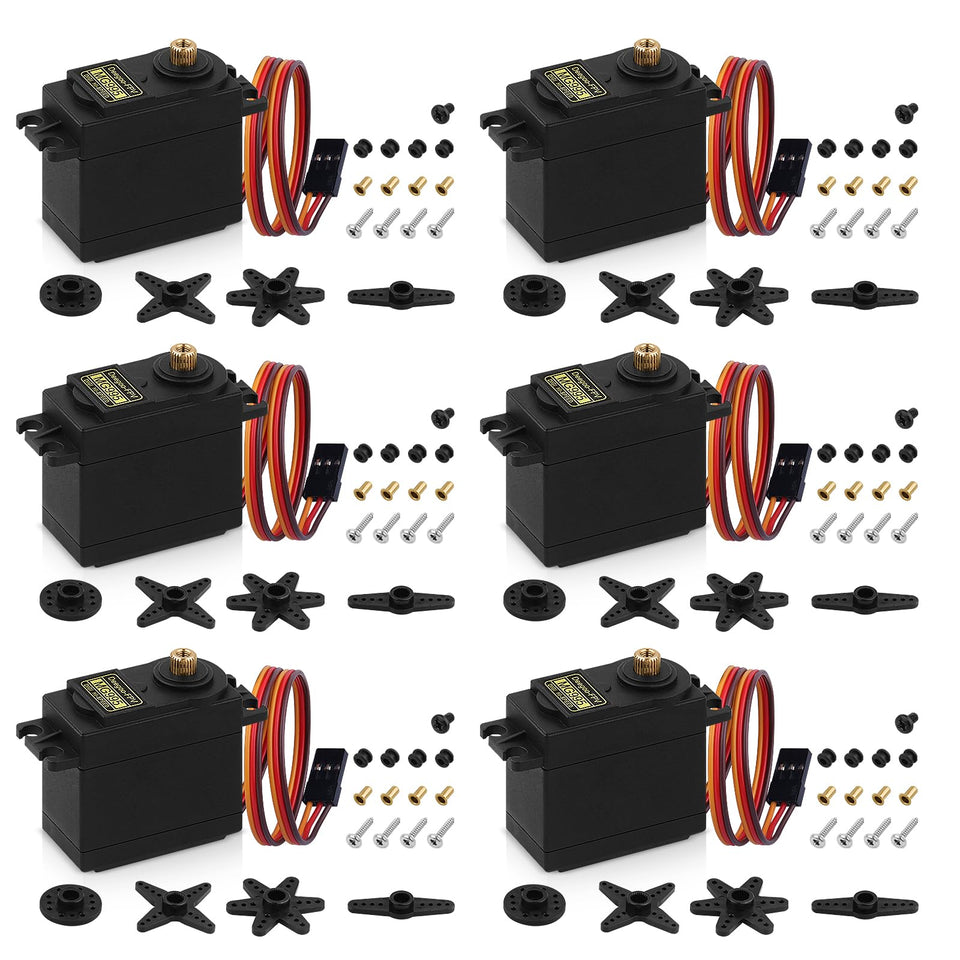 Deegoo-FPV MG995 servo motor front view highlighting durable metal gears for longevity.