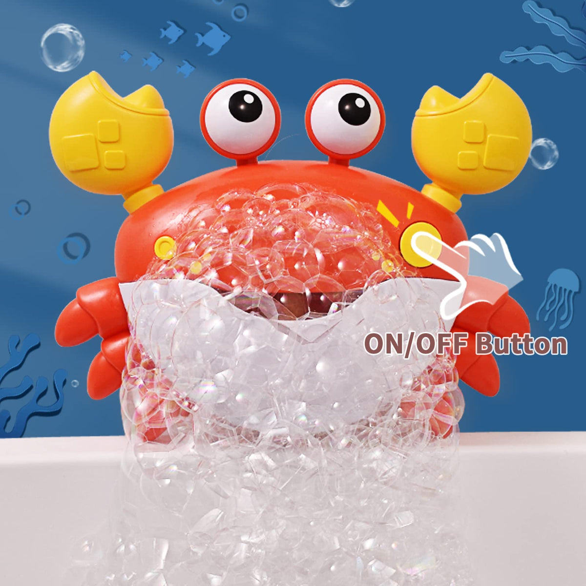 Deejoy Crab Bubble Bath Maker suction-cups secure to tub surfaces for mess-free play