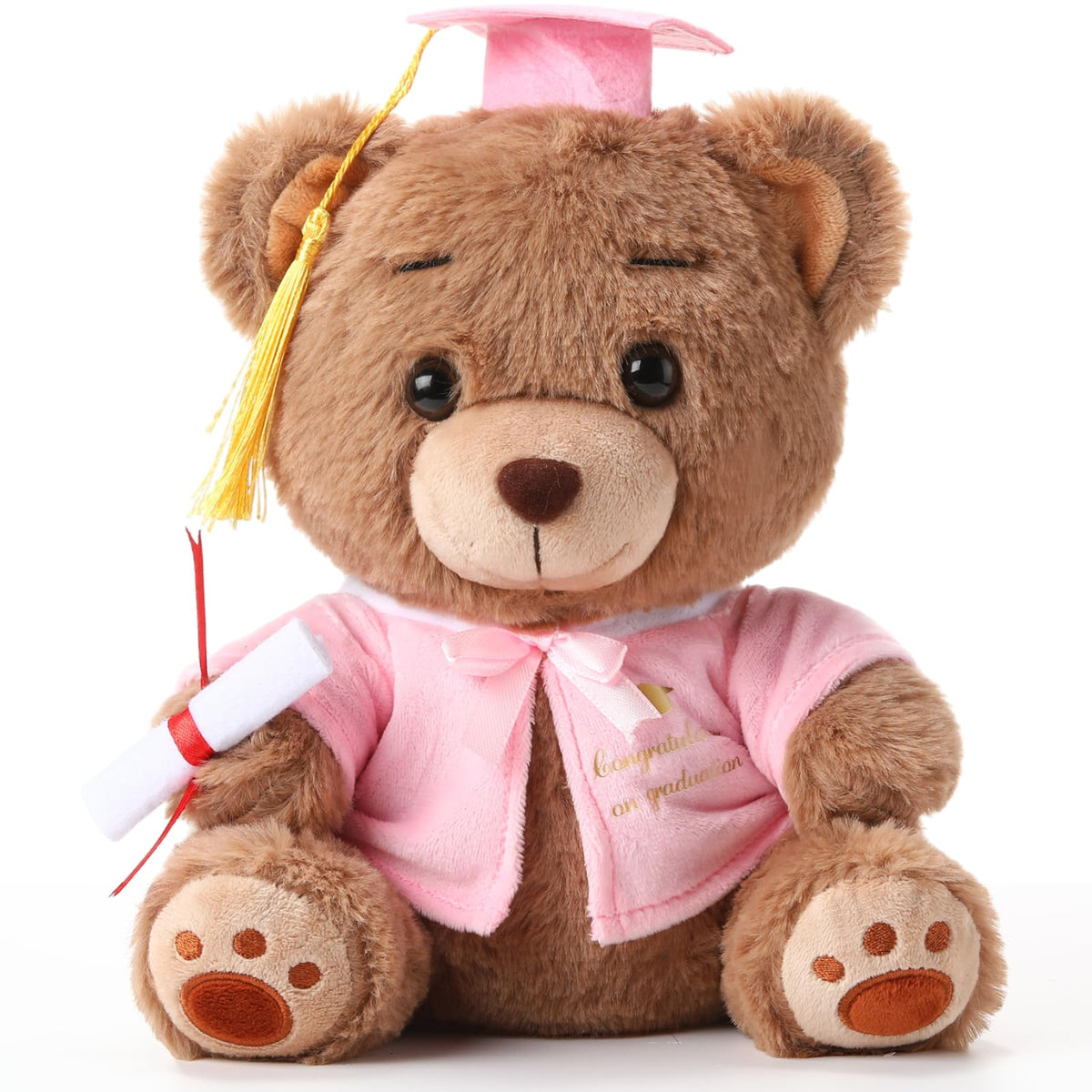 Deekin 10-inch pink graduation bear wearing cap, ideal for celebration gifts.