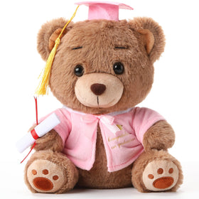 Deekin 10-inch pink graduation bear wearing cap, ideal for celebration gifts.