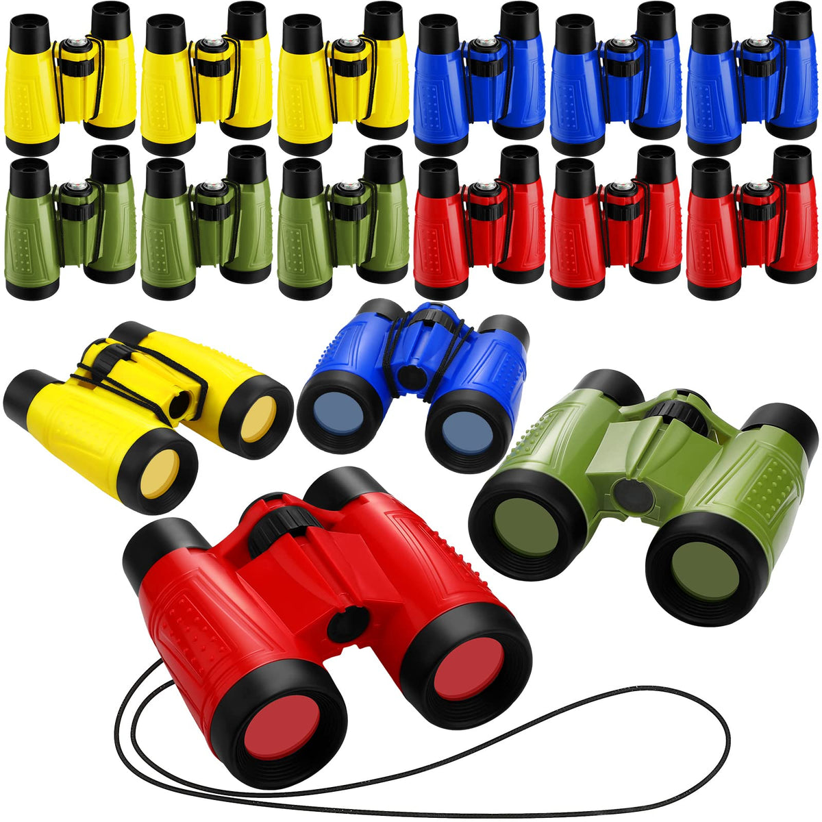 Deekin 16 toy binoculars bulk pack with neck straps for shared play and party favors.