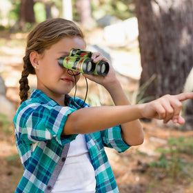 Deekin 16 camouflage binoculars worn by kids, neck strap keeps gear secure