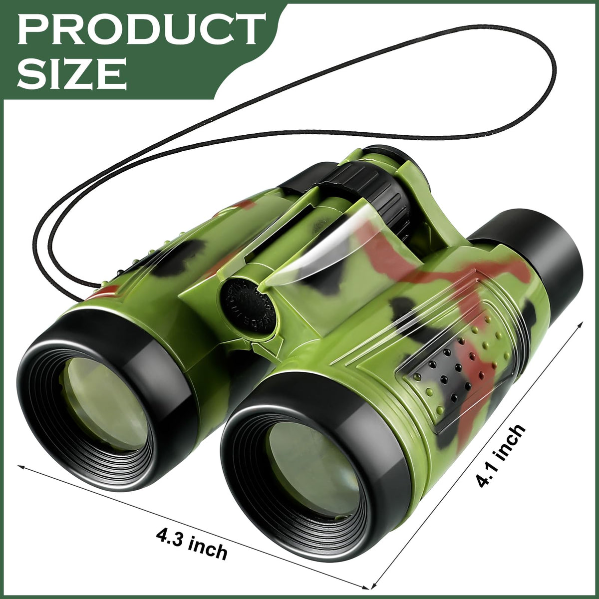 Deekin 16 camouflage toy binoculars with neck strap shown for easy carrying
