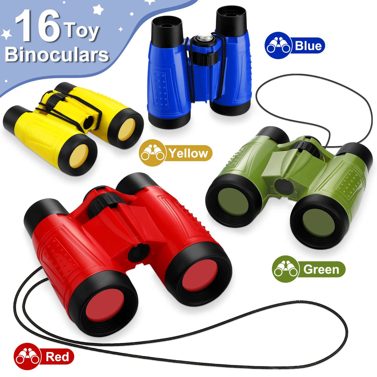 Deekin 16 toy binoculars color variants highlight four vibrant hues for coordinated outfits.