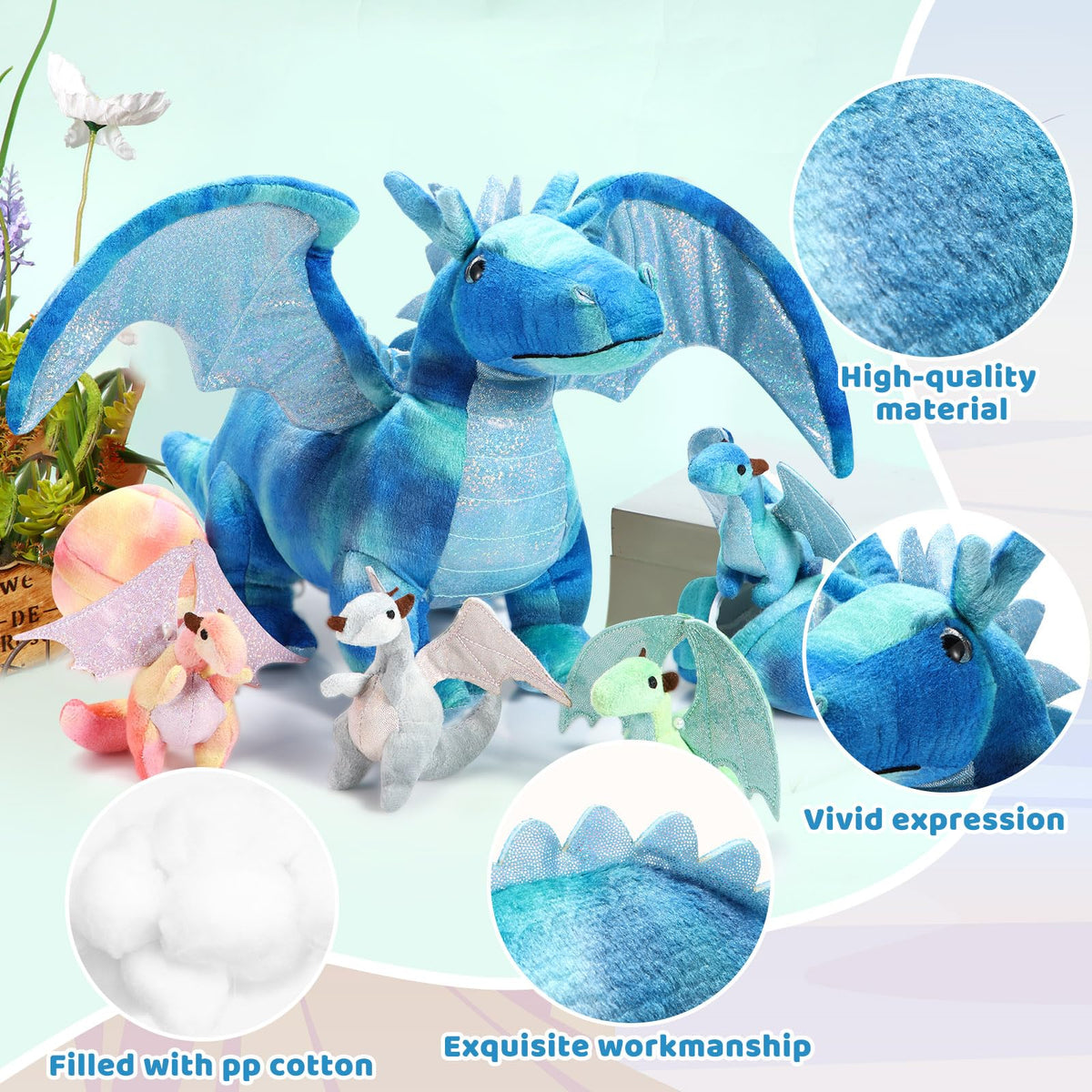 Deekin 4-inch baby dragon plush with bright eyes for imaginative play.
