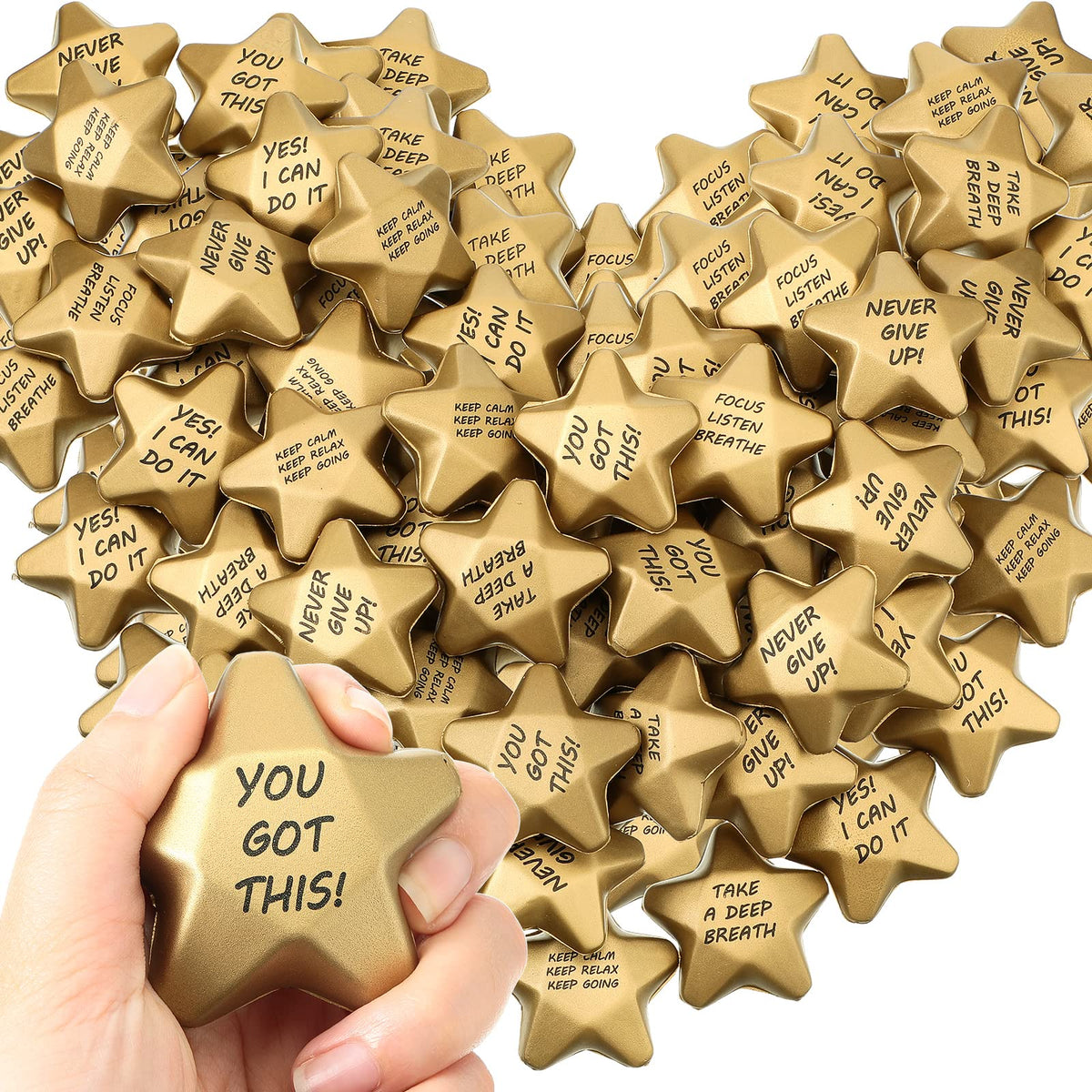 Deekin 72-piece star stress balls pack in gold color for quick stress relief.