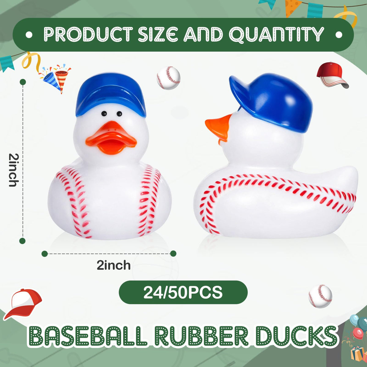 Close-up of Deekin baseball duck head with green hat for photos.