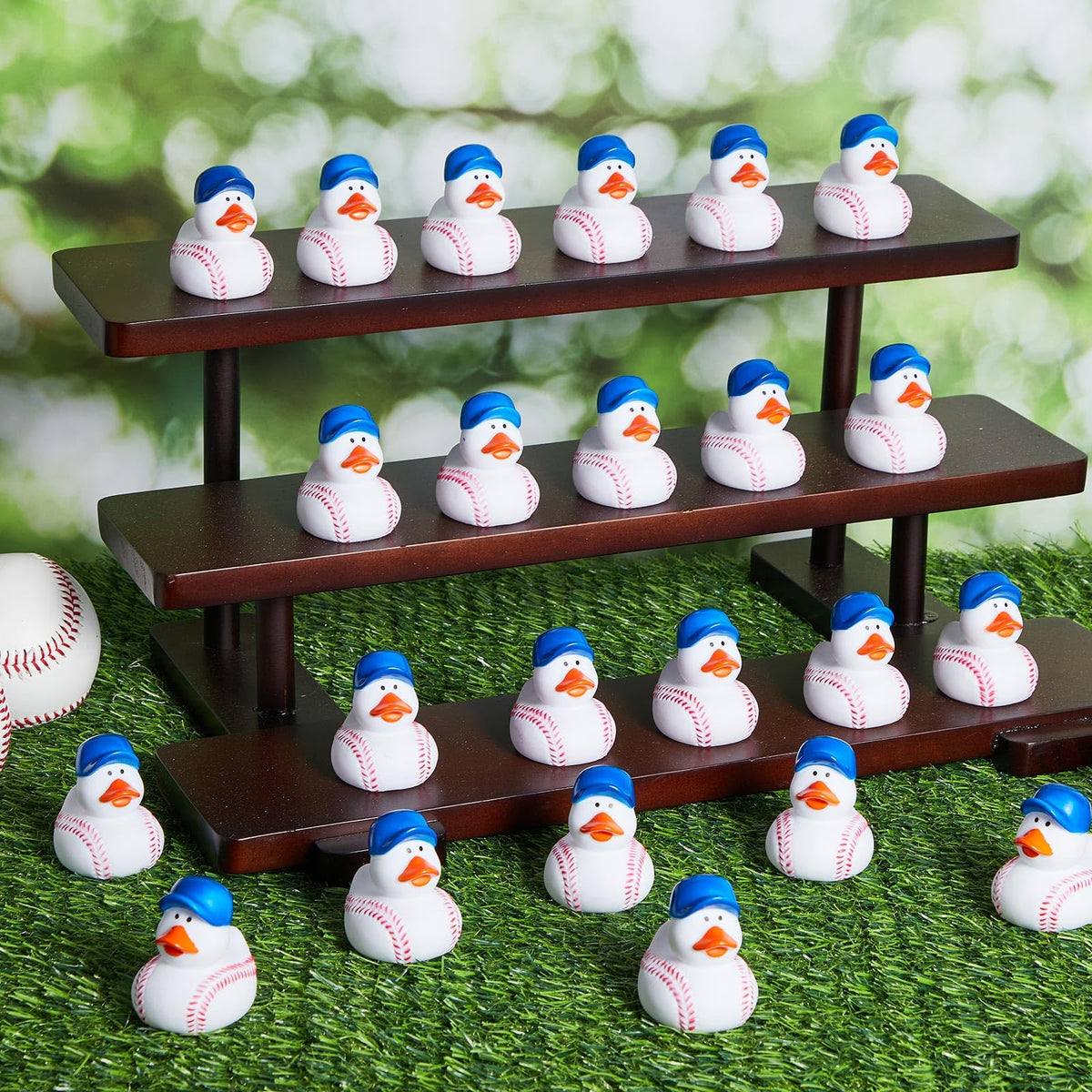 Display of Deekin baseball ducks arranged as a table centerpiece.