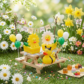 Deekin bee striped rubber duck adds playful charm to summer celebrations.